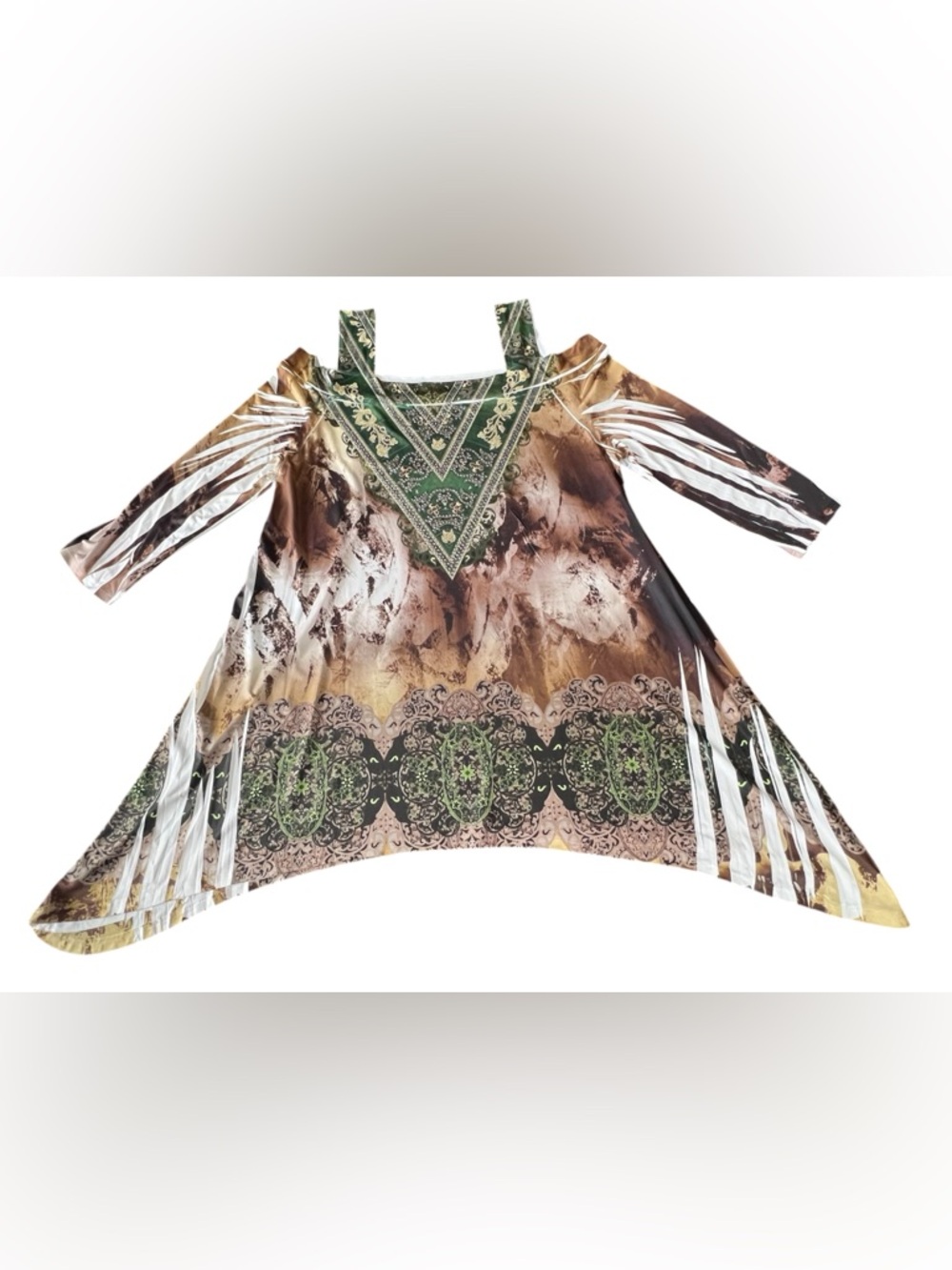 The Pyramid Collection Y2K Top Women’s L Cold Shoulder 3/4 Slv Green Brown Bling